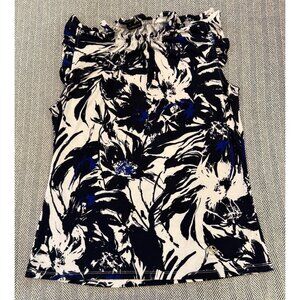 Adrienne Vittadini Womens Sleeveless Ruffled Floral Print Top Blue/Black/White S